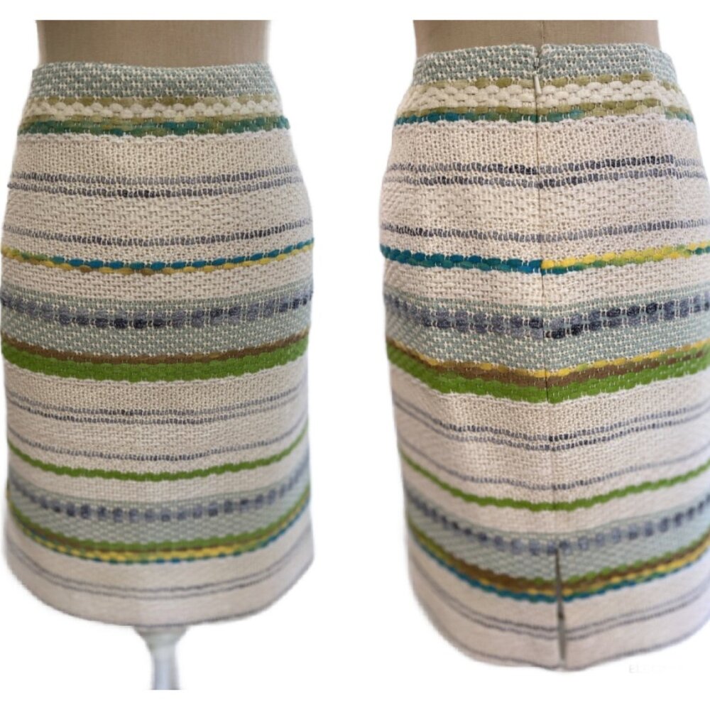 W by Worth Pencil Skirt 2 Straight Knee Length Green Blue Striped Modest Office